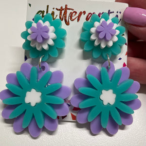 Glitterarti Purple, Teal & White Flower Earrings