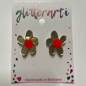 Glitterarti Gold Mirror & Orange Flower Stud Earrings