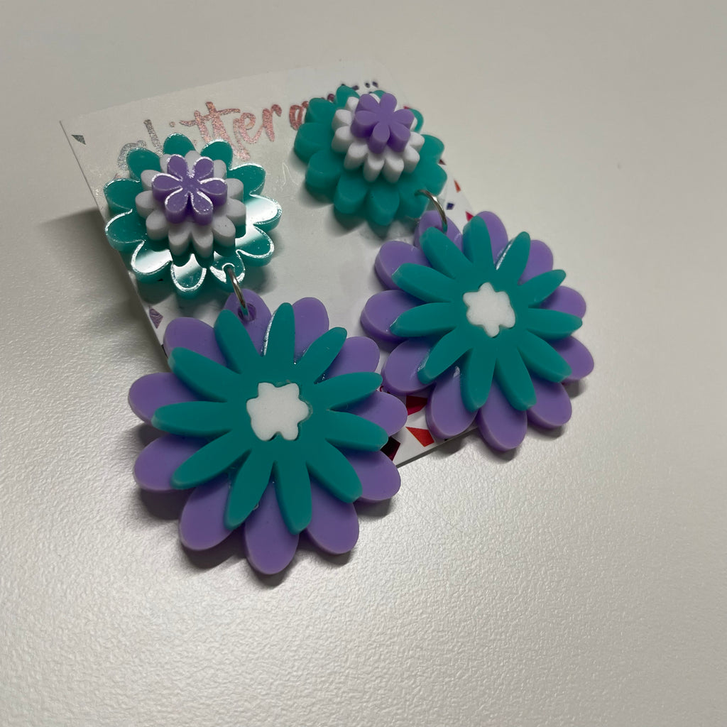 Glitterarti Purple, Teal & White Flower Earrings