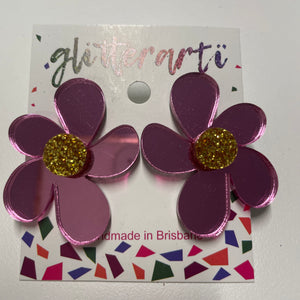 Glitterarti Big Pink Mirror & Yellow Glitter Flower Stud Earrings