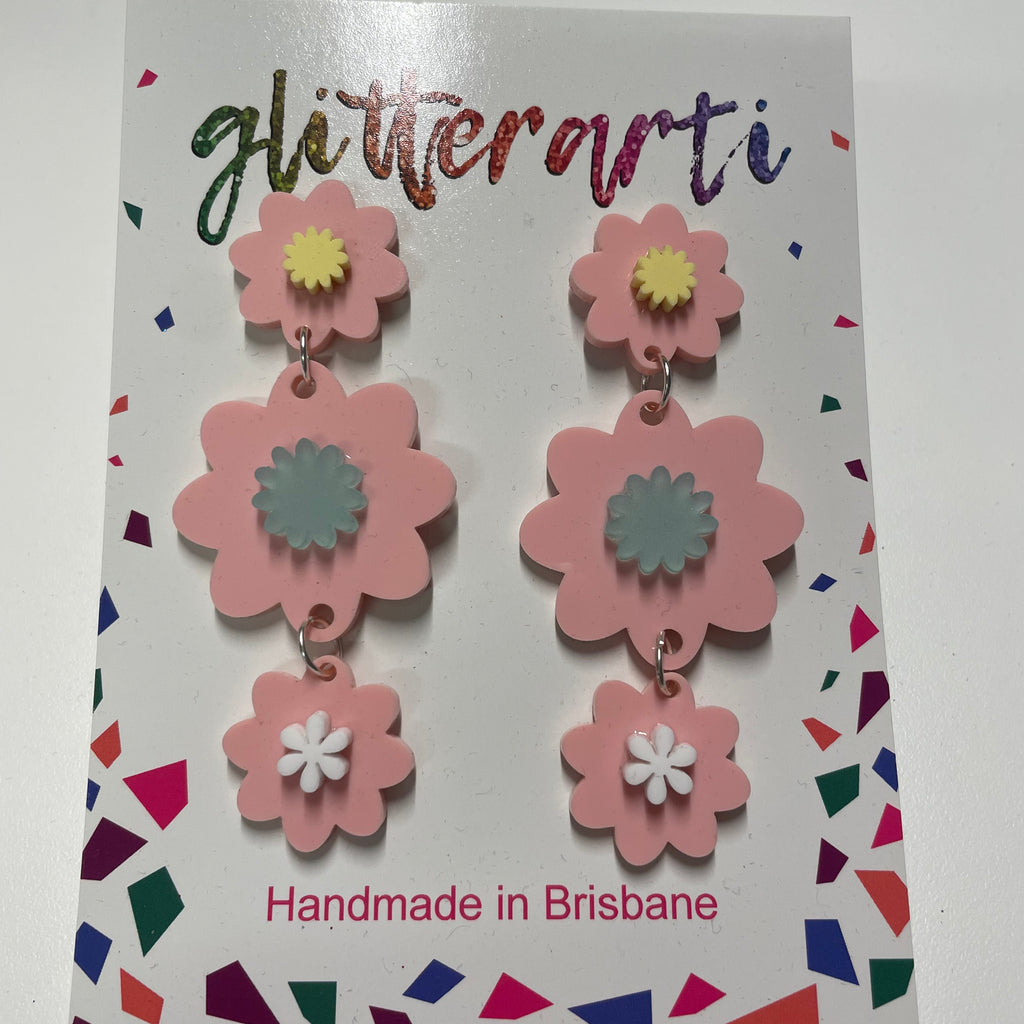 Glitterarti Pink, Yellow, White & Aqua Flower Earrings