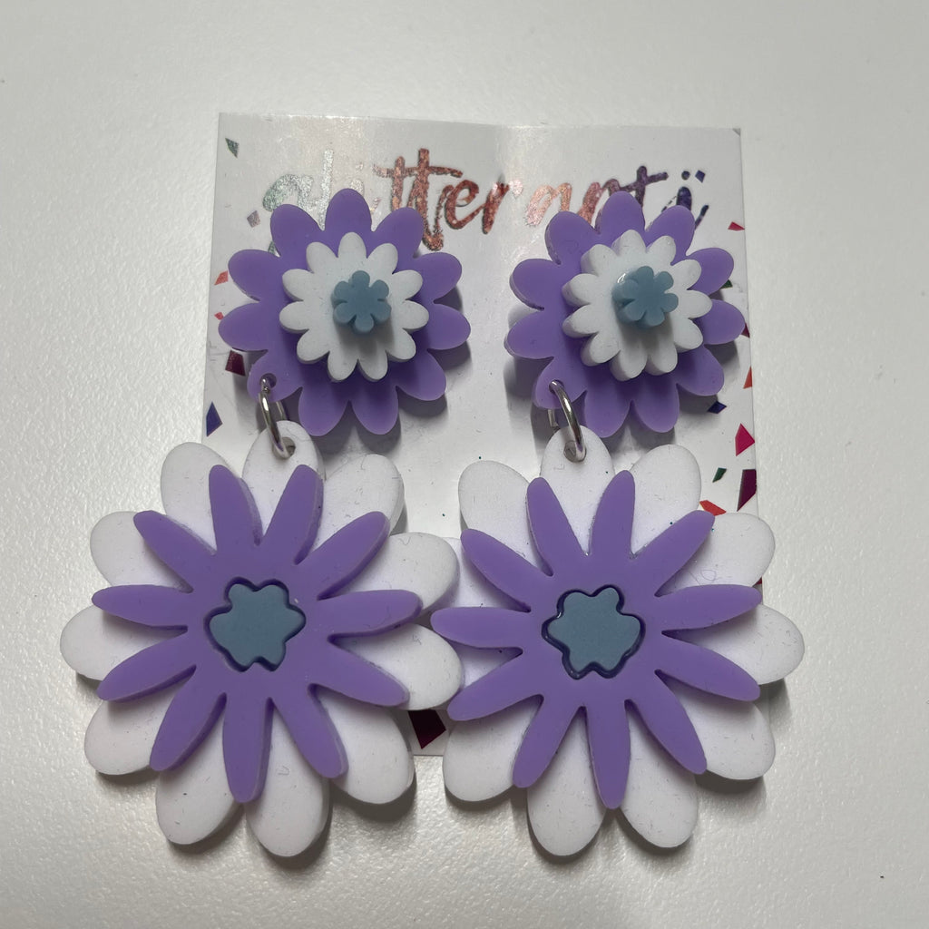 Glitterarti White, Purple & Blue Flower Stud Dangle Earrings