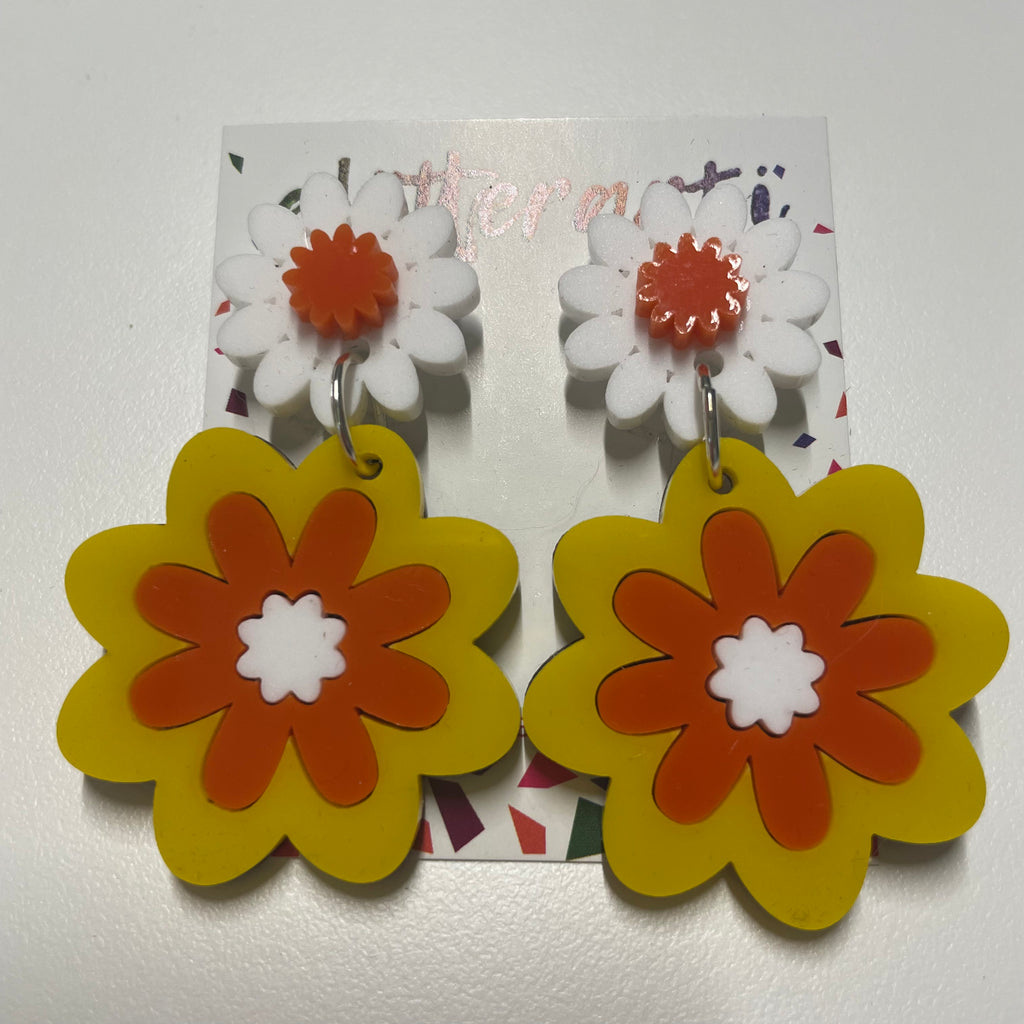Glitterarti Yellow, White & Orange Flower Stud Dangle Earrings