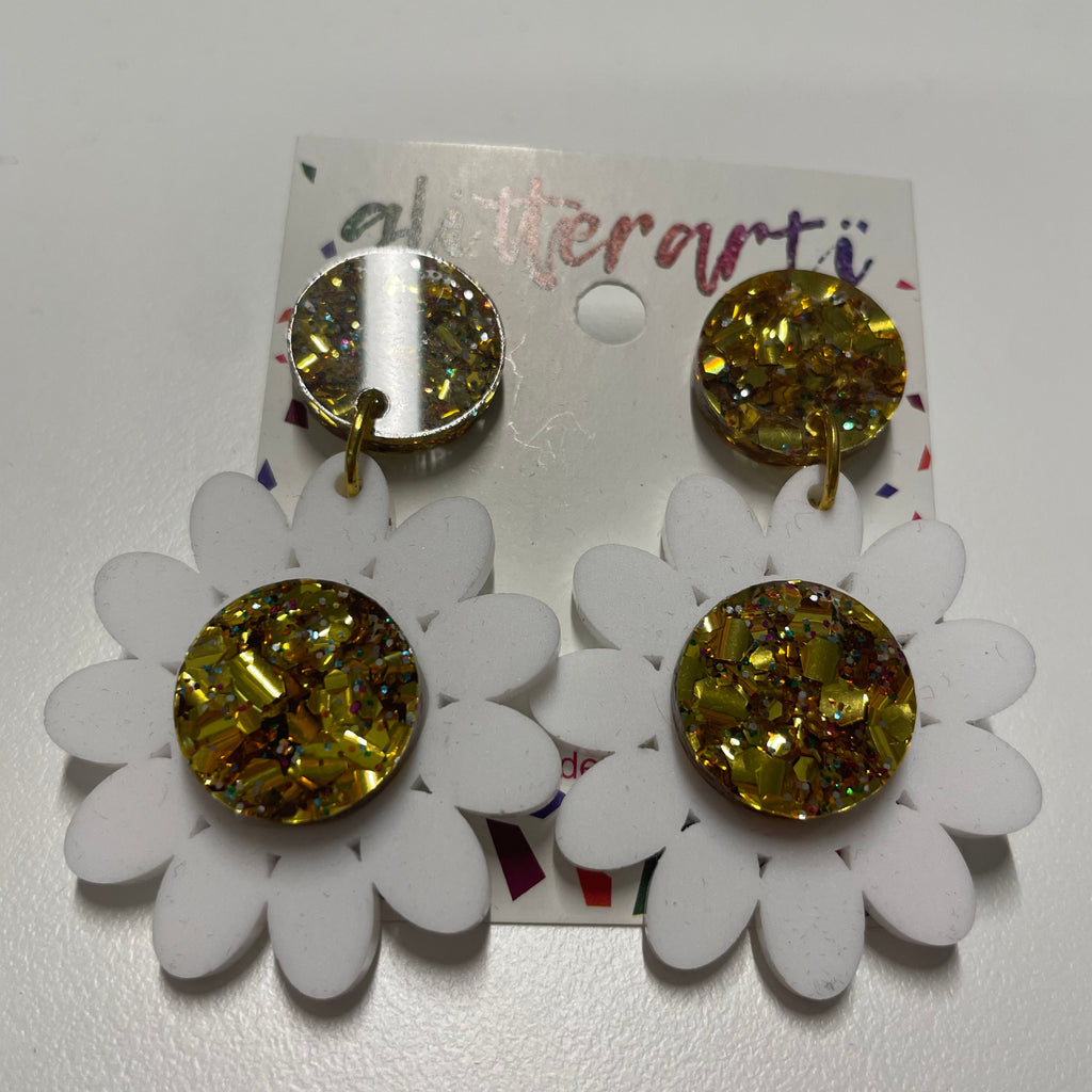 Glitterarti White & Gold Glitter Daisy Earrings