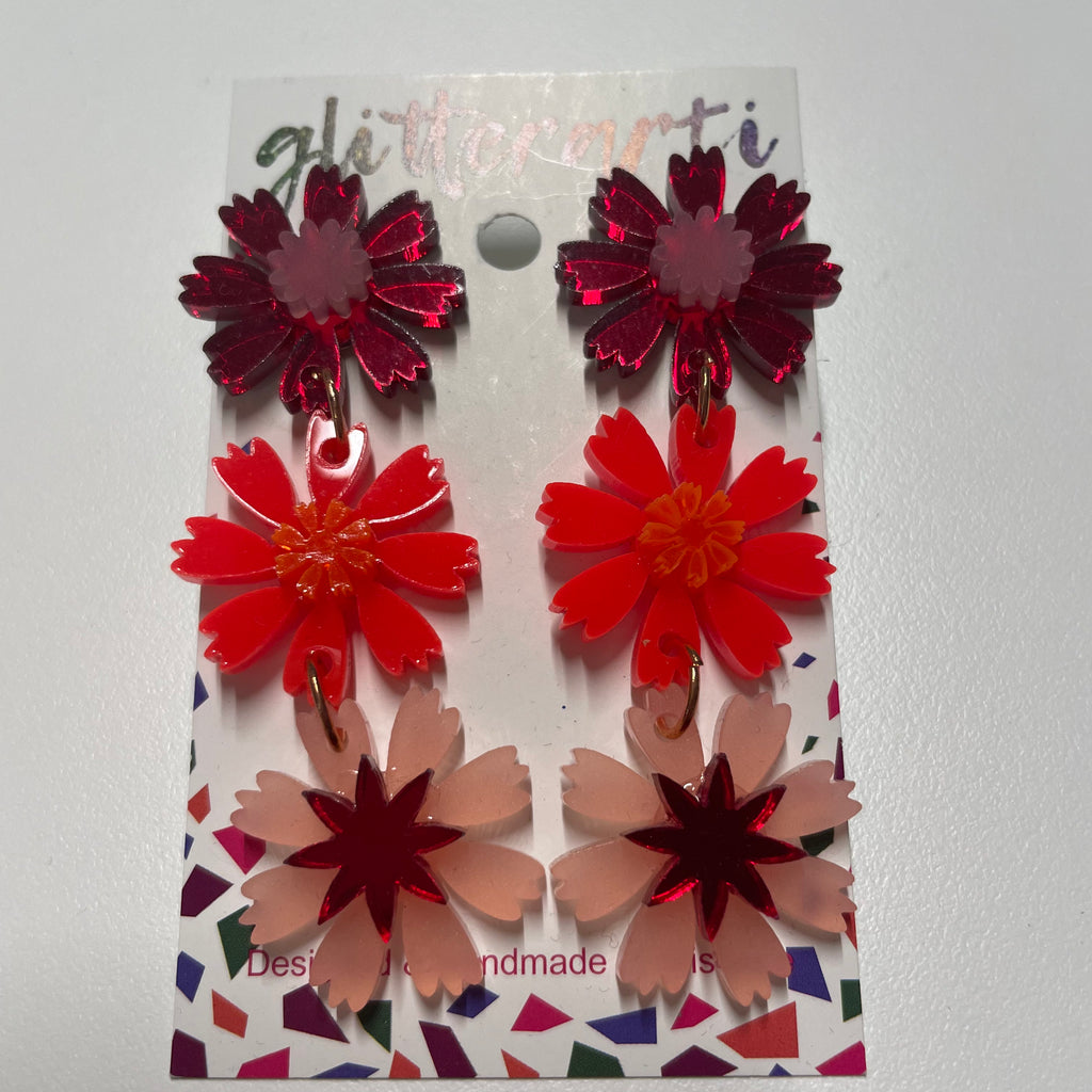 Glitterarti Pink, Red & Orange Chrysanthemum Triple Dangle Earrings